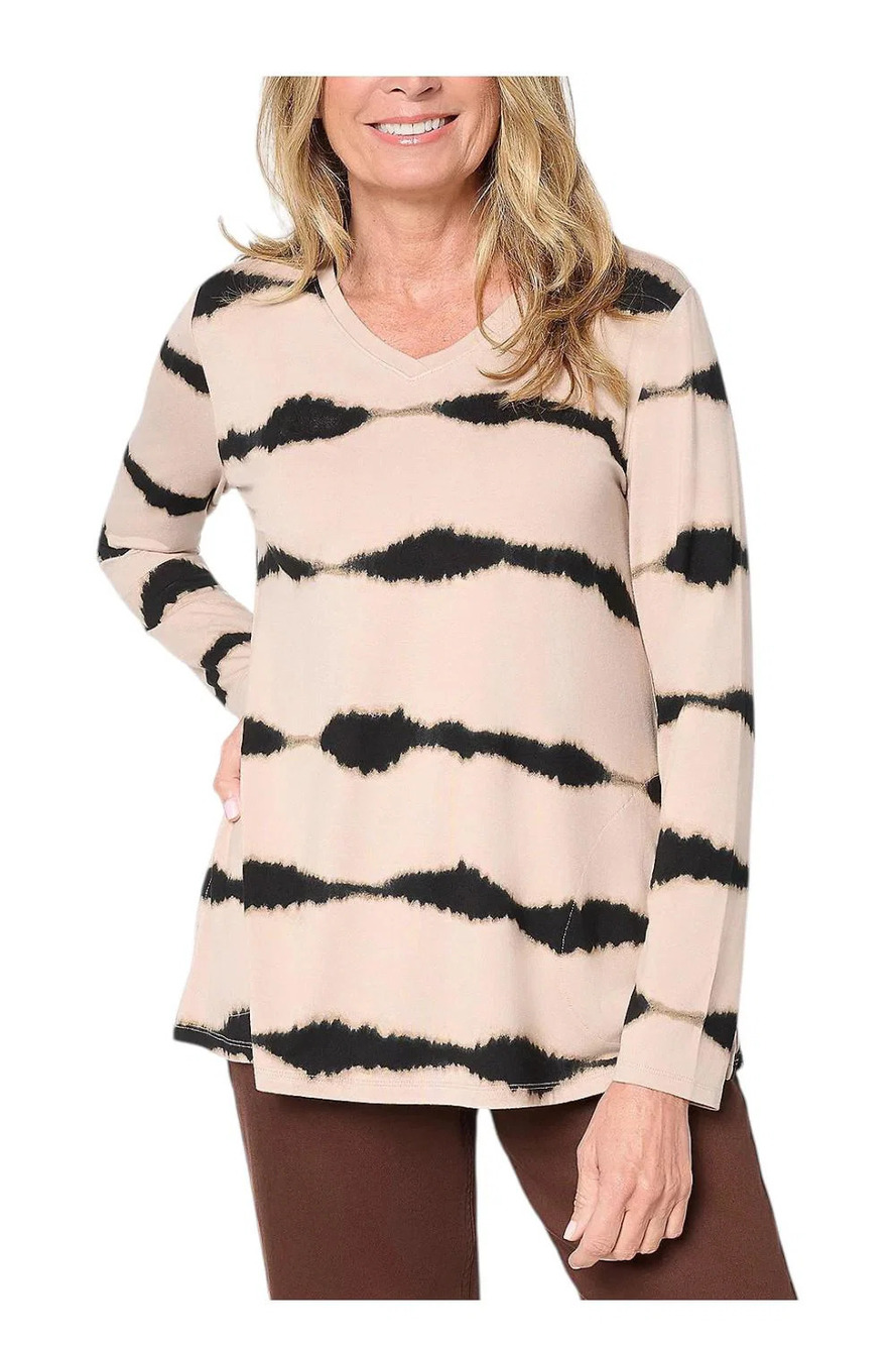 LOGO by Lori Goldstein Rayon 230 Printed Stripe Dye Effect Top Taupe - Regular
